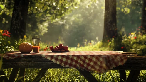 Picnic table with fruit, juice and bread in summer light.