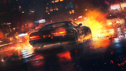 Neon street racer drifts through rain and firelit cityscape.