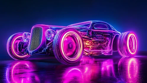 Neon-lit transparent hot rod exposes drivetrain under vivid rim lighting
