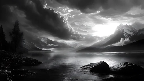 High-contrast monochrome alpine lake with dramatic volumetric clouds