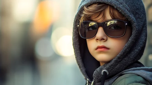 Youth Portrait. Sunglasses, Gray Hoodie. Blurred Urban Setting.