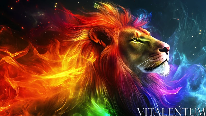 Radiant cosmic lion emerges in swirling rainbow firestorm.