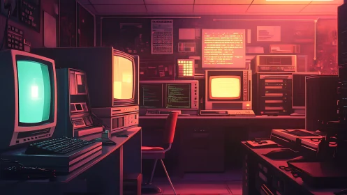 Retro computer control room with multiple CRT terminals.