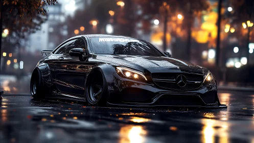 Lowered black Mercedes coupe glides through rain slick urban night