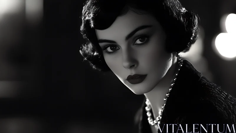Monochrome cinematic portrait of elegant woman in pearls