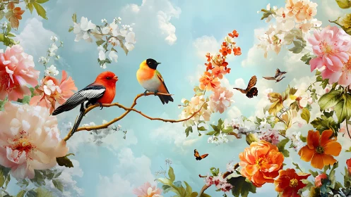 Vibrant songbirds on blooming branches, digital art with soft pastels.