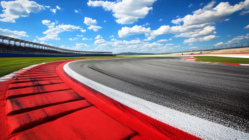 Curved motor racing circuit under clear blue sky.