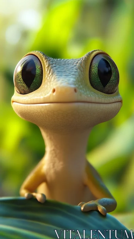 Bright-eyed cartoon gecko smiles gently in lush green light