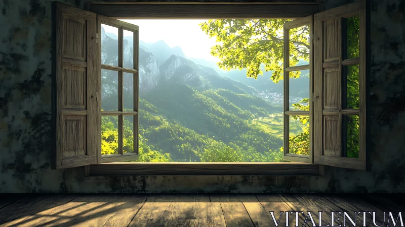 Sunlit valley framed by timeworn wooden window dreams.