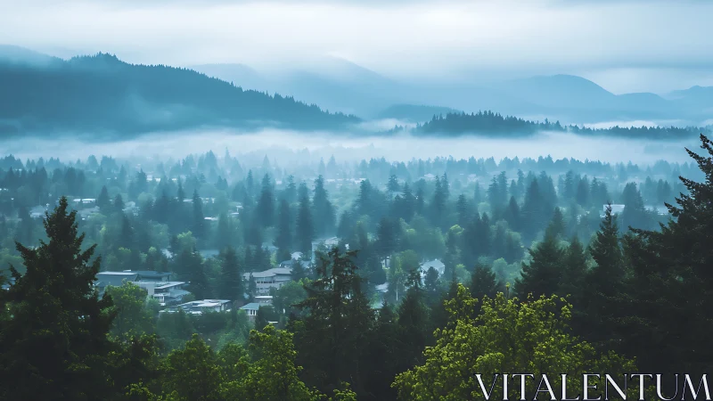 Misty Mountain Valley with Coniferous Forest Canopy and Atmospheric Inversion