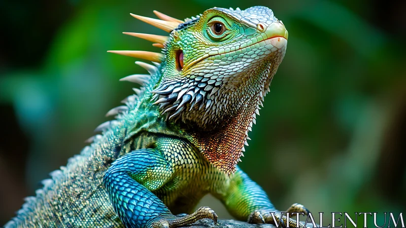 Vibrant iguana portrait with iridescent scales in jungle light.