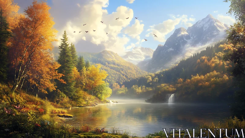 High-altitude autumn lake with pine forest and snowy peaks