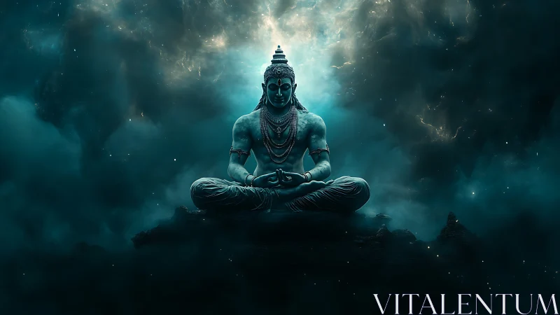 Cosmic meditation with a serene celestial blue deity.