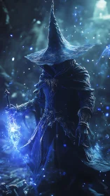 Hooded mage holds glowing blue staff in dark mystical scene