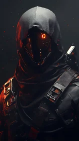 Hooded cybernetic assassin with glowing visor portrait.