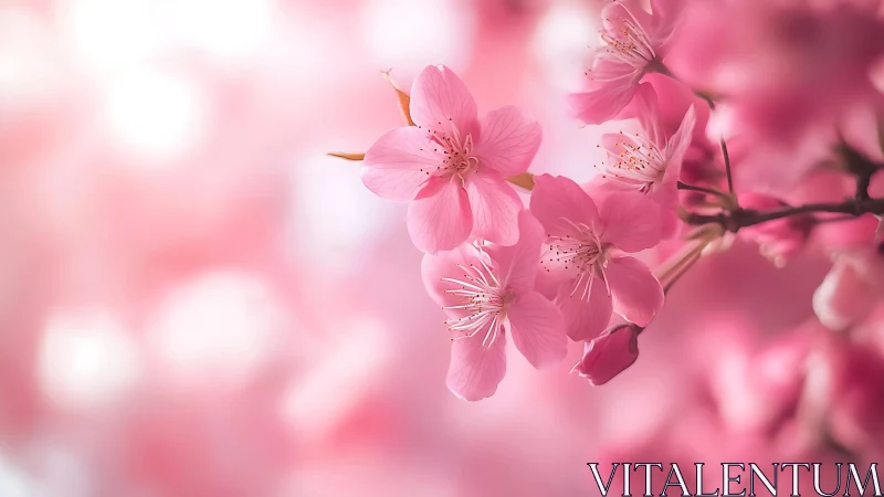 Pink Cherry Blossoms on Branch with Blurred Floral Background