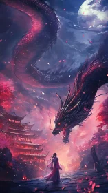 Moonlit dragon descent over crimson temple cityscape.