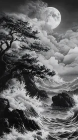 Moonlit storm over whispering pines and restless sea.