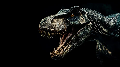 CGI dinosaur head rendered in profile with open jaws