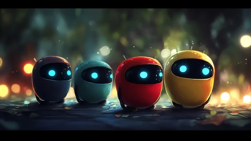 Four small colorful robots in soft bokeh outdoor scene.