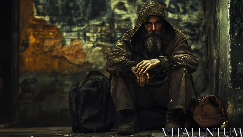 Weathered homeless man in hooded coat sits in urban alley