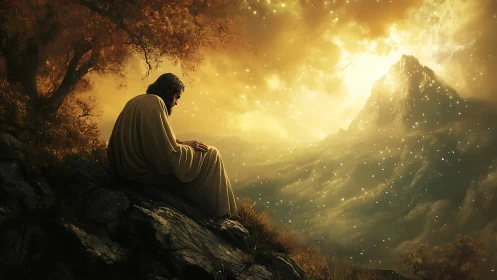 Solitary robed figure at dusk facing glowing mountain sky.