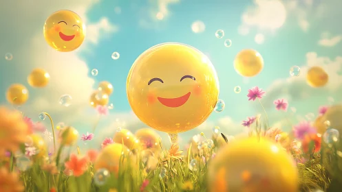 Sunlit smiley balloons drifting through a daydream meadow.
