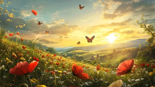 Sunlit wildflower meadow with butterflies in high depth rendering