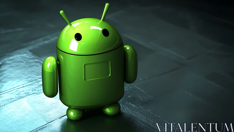 Glossy green Android-style robot on dark reflective floor