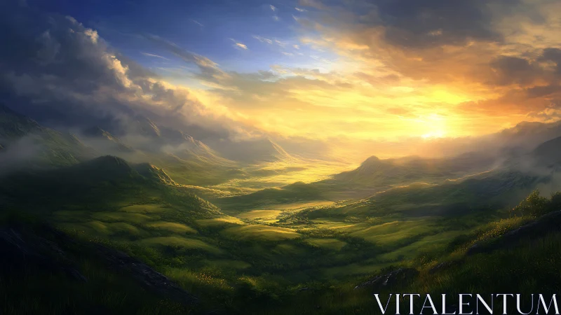 Sunlit valley panorama under dramatic stormlit skies.