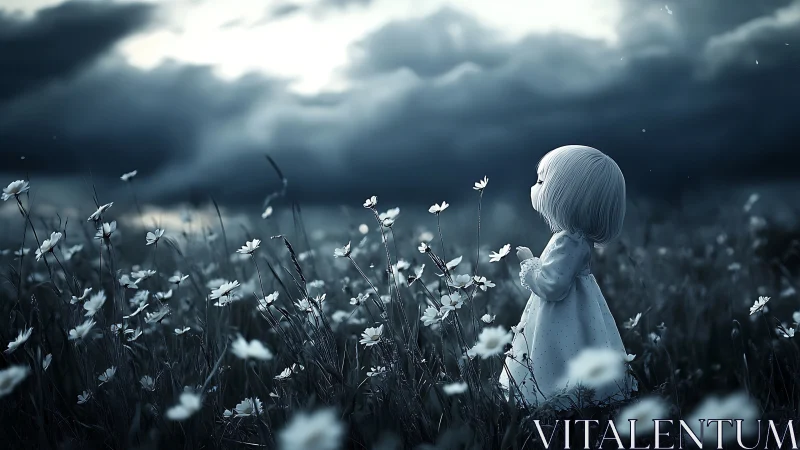 Small childlike figure stands in flower field under clouds