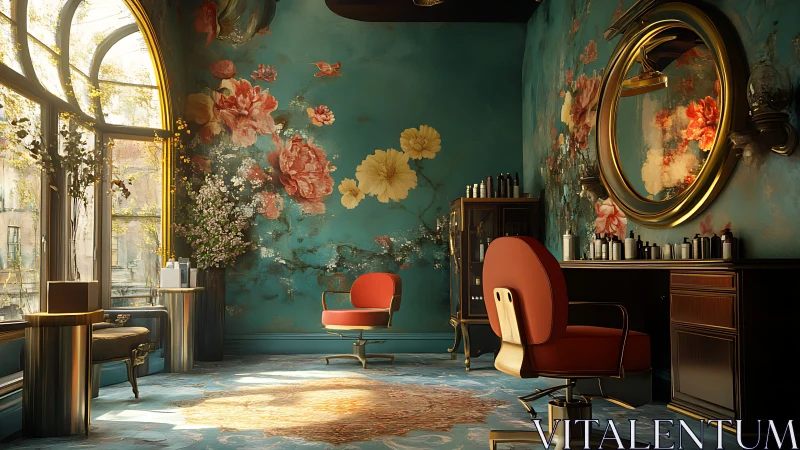 Sunlit floral salon interior glows with vintage elegance