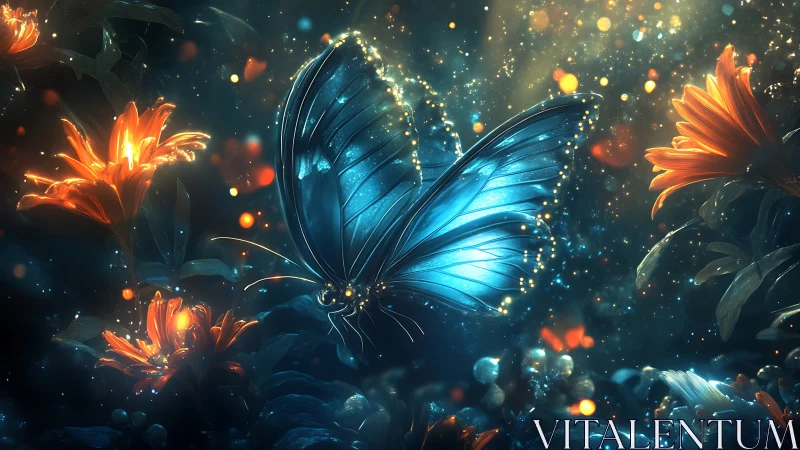 Blue butterfly among glowing orange flowers at night.
