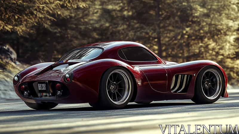 Sculpted crimson sports coupe on sunlit forest road.