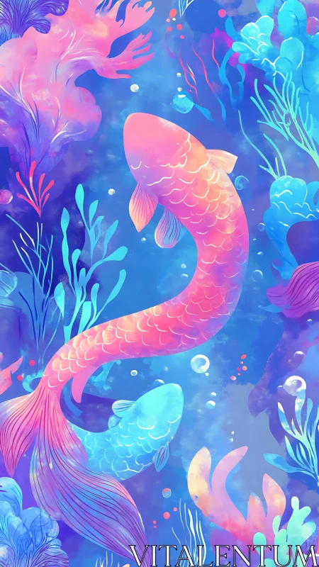 Bioluminescent koi fish glide through stylized coral reef environment