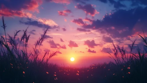 Fiery sunset sinks beyond a tranquil wildflower meadow