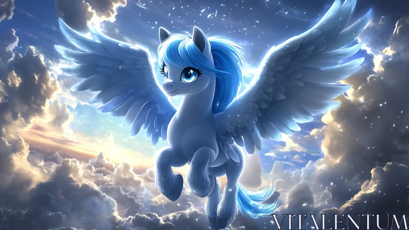 Winged blue-maned cartoon pony in luminous cloud sky.