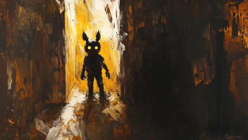 Silhouette creature with glowing eyes in molten ochre corridor.