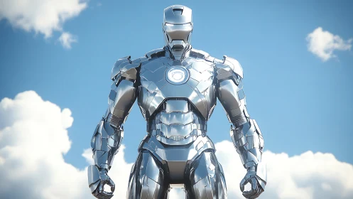 Chrome humanoid armored robot in daylight sky setting.
