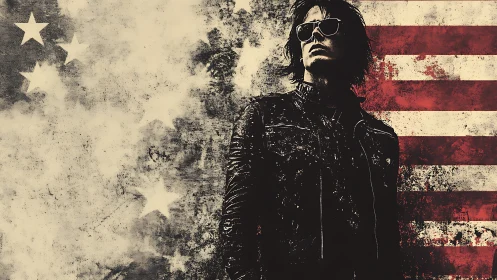 Leather-clad rebel leans into a weathered American dreamscape