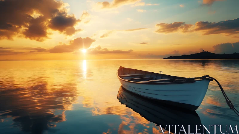Rowboat on calm sea under warm sunset light.