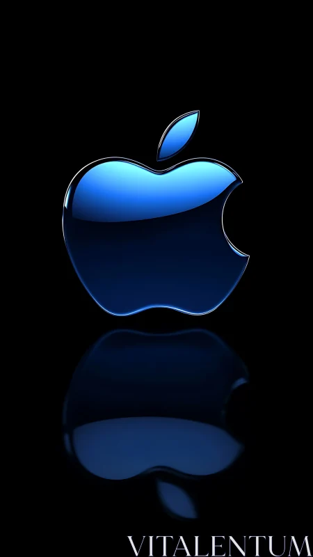 Glossy blue 3D apple emblem with specular highlights and reflection