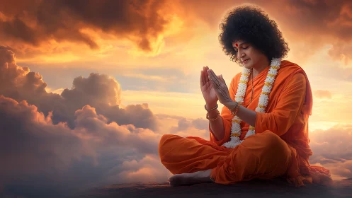 Meditating Hindu guru above glowing sunset clouds.