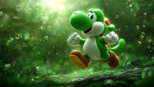 Cartoon dinosaur character running in dewy green forest light