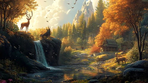 Autumn forest valley with deer, waterfall, cabin and mountains