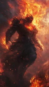 Armored fire elemental strides through embers with molten core exposed