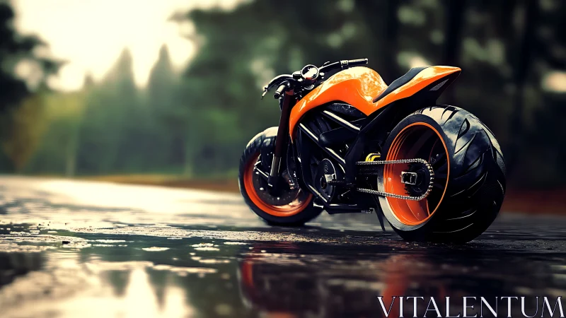 Sleek orange motorcycle waiting on a rain washed road.