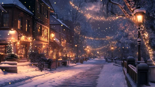 Snow covered pedestrian street under warm festive lighting at night