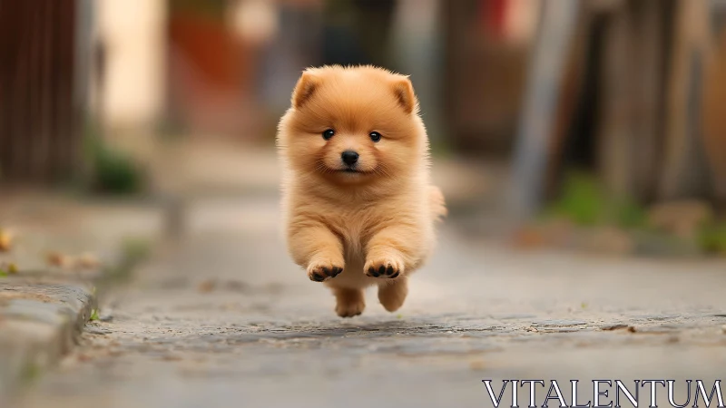 Tiny cinnamon comet pup soaring down a sunlit street.