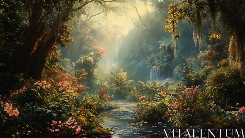 Luminous forest stream with flowering garden and atmospheric woodland